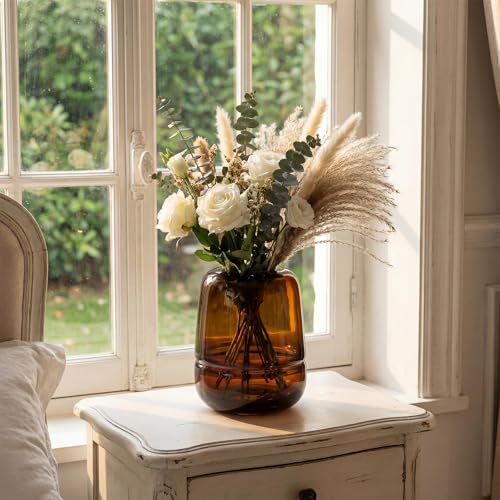 Relexome Amber Glass Flower Vase for Centerpieces Flowers 6.7 Inch Round Modern Glass Bud Vase Decorative Vases for Home Decor, Living Room, Dining Table, Entryway, Shelf, Office