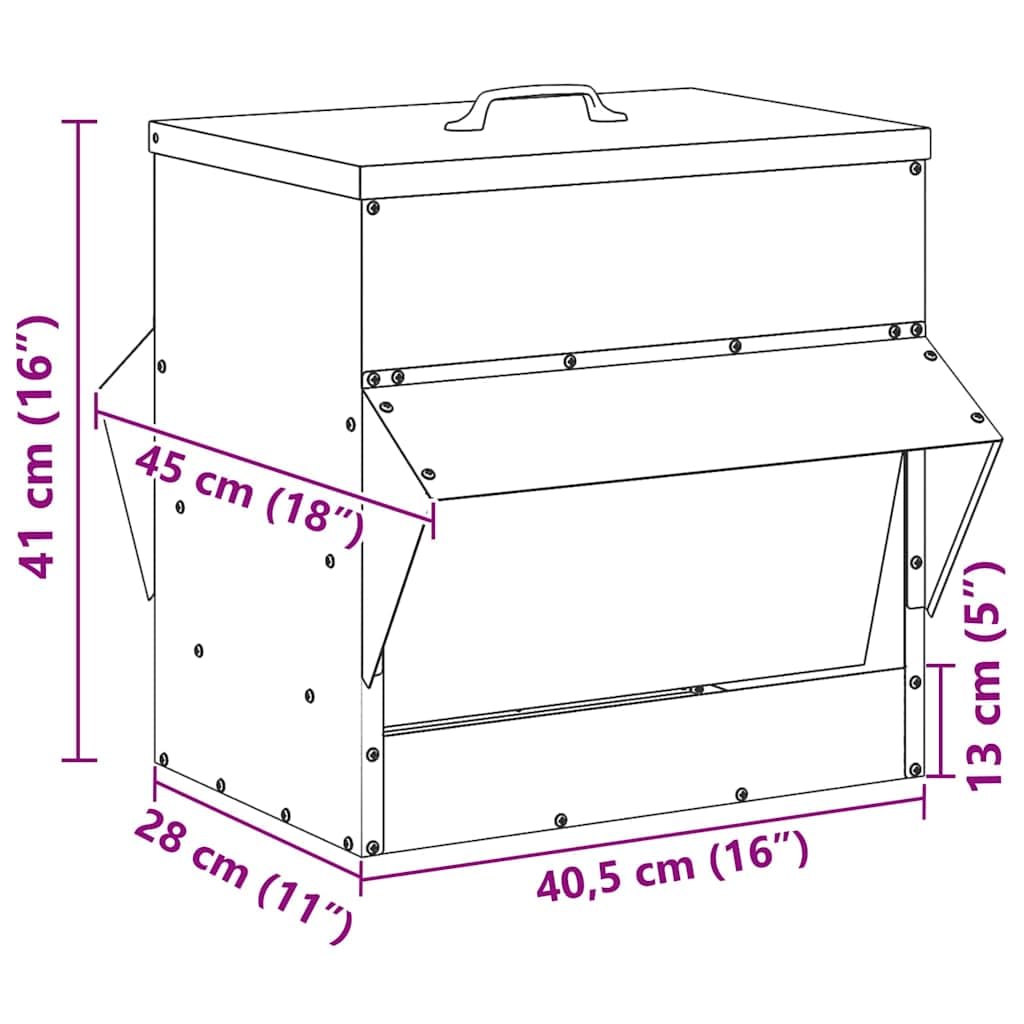Hühnerfütterer aus verzinktem Stahl Silber 40,5 x 45 x 41 cm mit Dach und Deckelgriff wetterfeste Futterstation für Innen und Außenbereich langlebig und pflegeleicht