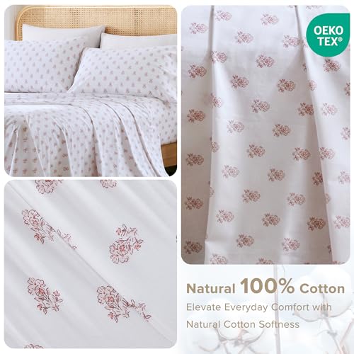 Comfort Spaces 100% Cotton Sheets Queen, Breathable, Naturally Cool Cotton Sheets, Soft Cotton Bed Sheets with 14" Elastic Pocket Fits up to 16" Mattress, All Seasons Sheet Set, Floral Pink 4 Piece