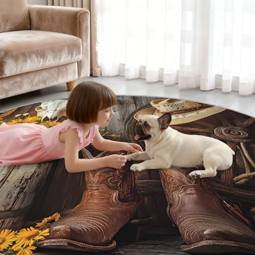 Tapis rond de cowboy antidérapant et lavable au style rustique - 5
