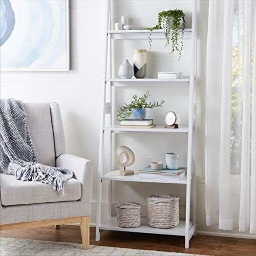 Amazon Basics Modern five-Tier Ladder Bookshelf Organiser, Solid Rubber Wood Frame - White