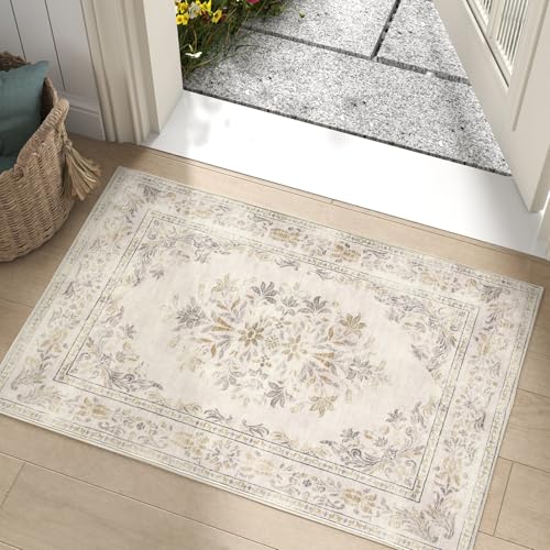 jinchan Floral 2x3 Rug for Entryway - Vintage Washable Area Rug Ultra-Thin Low Pile Soft Small Non Slip Distressed Indoor Door mat Accent for Entrance Kitchen Bedroom Bathroom (2x3ft, Light Grey)