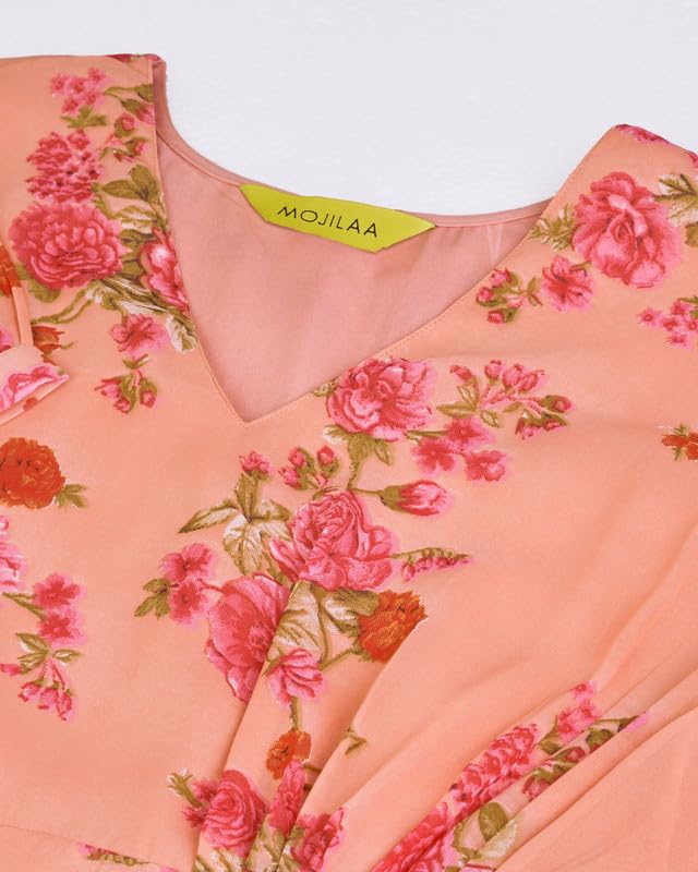 Image of MOJILAA Women's Orange Georgette Draped Floral Printed Flared Dress
