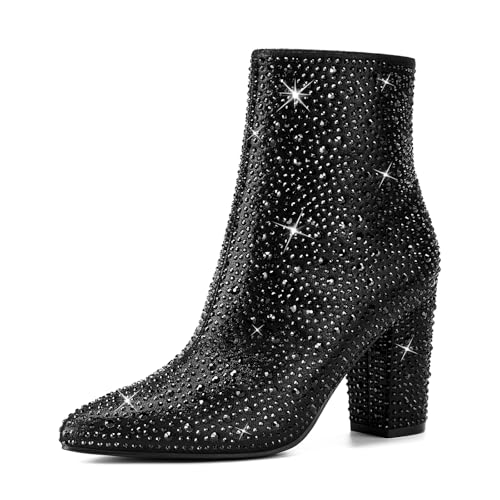 Rollda SUEDI Rhinestone Boots for Women, Sparkly Ankle Booties with Pointed Toe, Ladies Block Chunky Heel Glitter Boots