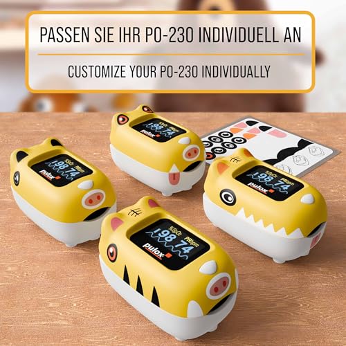 Pulox PO-230 Finger-Pulsoximeter für Kinder in Gelb, Messung von SpO2 und Puls in wenigen Sekunden - mit Stickern zum selbst bekleben