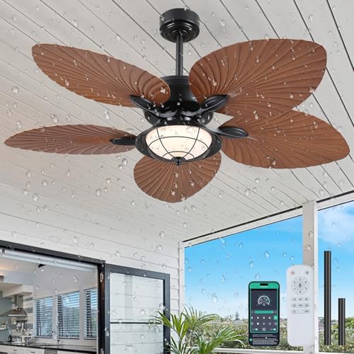 PHORUS 52' Waterproof Outdoor Palm Leaf Ceiling Fans with Lights and Remote,Wet Rated Tropical...