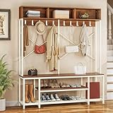 YITAHOME Entryway Bench with Coat Rack, 5-in-1 Hall Tree with Shoes Storage, Industrial Freestanding Coat Rack Shoe Bench with Storage Shelves, 10 Hooks for Hallway, Living Room, Walnut/White