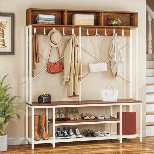 YITAHOME Entryway Bench with Coat Rack, 5-in-1 Hall Tree with Shoes Storage, Industrial Freestanding Coat Rack Shoe Bench with Storage Shelves, 10 Hooks for Hallway, Living Room, Walnut/White