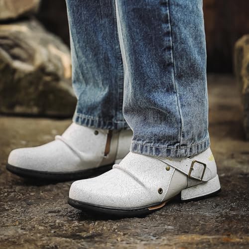 Mid Top Zipper Boot Mens Western Chelsea Cowboy Boots Square Toe Lug Sole Non Slip White Motorcycle Boots2