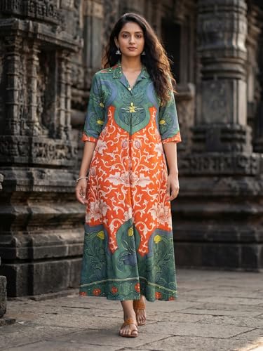Image of HELLCAT Floral Brown Women Dress|New Trending Dress for Women|Western 3 /4 Sleeve A-line