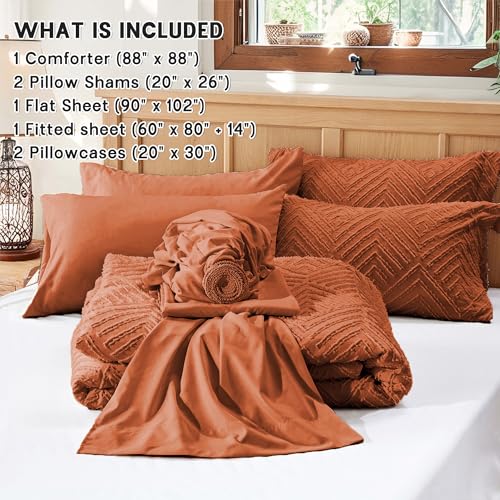 Image of Zzlpp Queen Comforter Set 7 Pieces, Burnt Orange Tufted Bed in a Bag with Comforter, Pillow Shams, Pillowcases, Flat Sheet, Fitted Sheet