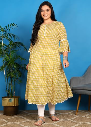 Image of Yash Gallery Women's Cambric Cotton Printed Kurta Mirror Work A-Line, Perfect Ethnic Wear