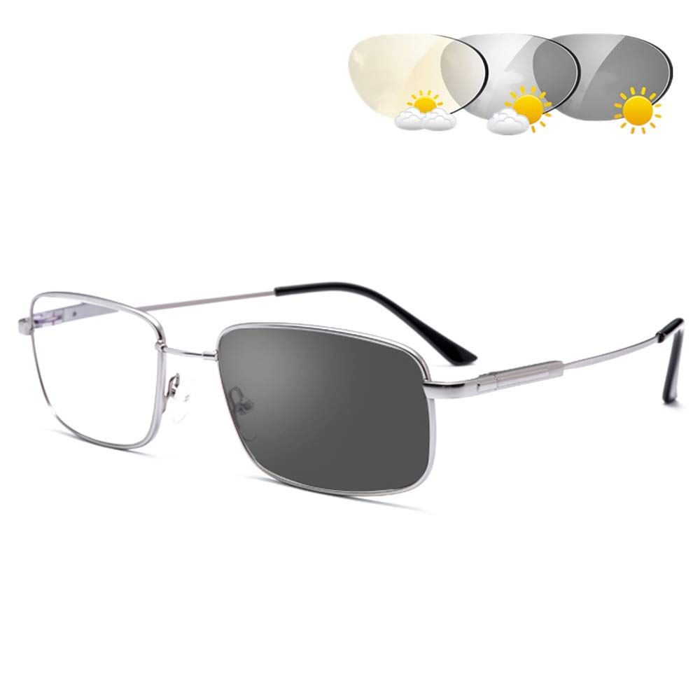 Caoxn Men's Silver Photochromic Transition Reading Glasses, Full Frame Titanium Alloy Uv400 Sunglasses Presbyopia Eyewear With Diopters +1.0 To 3.0,,+1.50