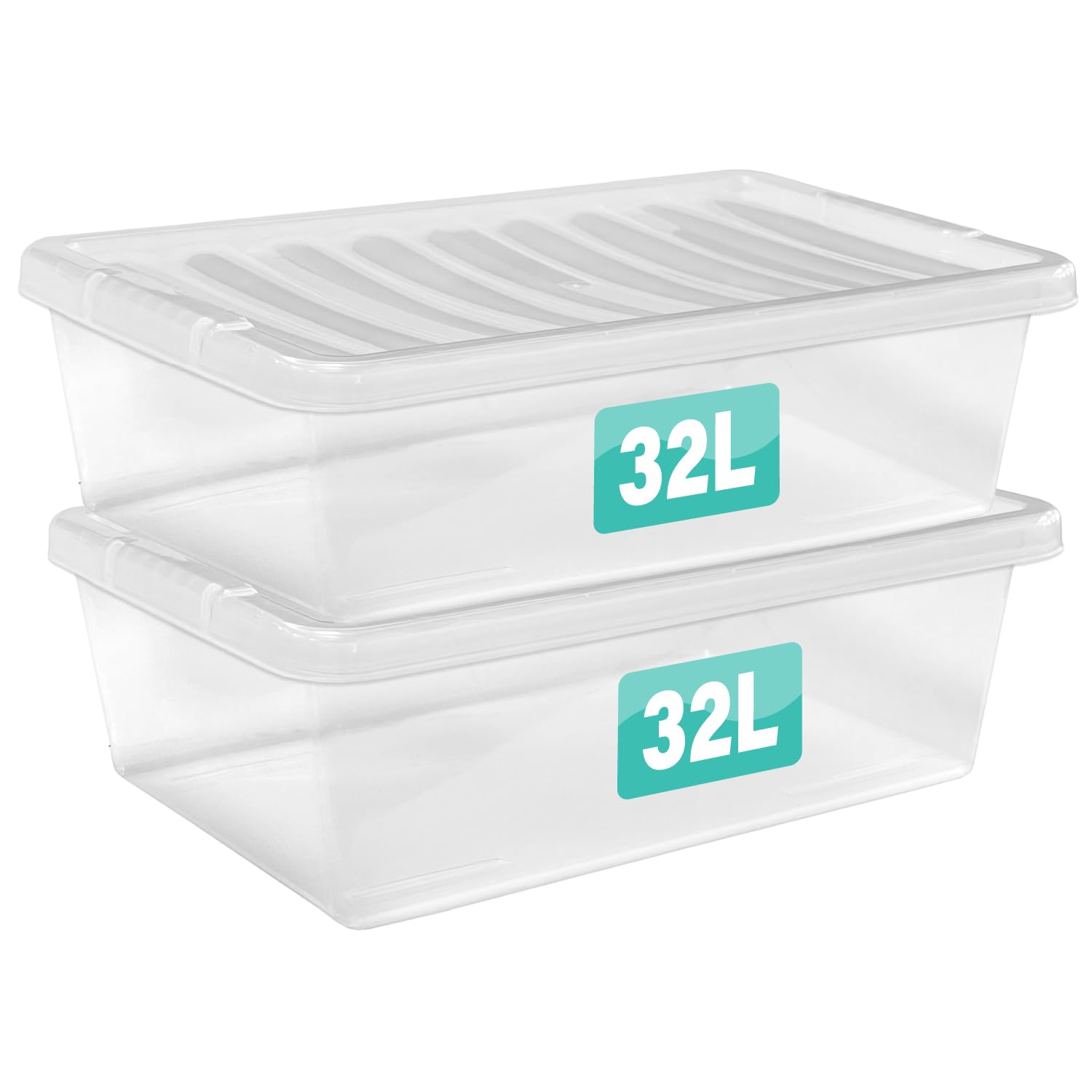 2 x 32 Litre Underbed Clear Plastic Storage Boxes With Lids Set of 2, Transparent Multipurpose Nestable Stackable Plastic Box With Lid Containers For Home, Kitchen, Garage, Office, Accessories