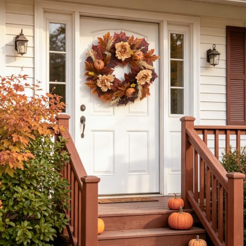 Image of DN DECONATION Fall Wreath for Front Door, Artificial Flowers for Outdoors | 22in, Brown Autumn Wreath, Artificial Fall Flowers, Maple Leaf Pumpkin Peony, Thanksgiving Harvest Farmhouse Home Decoration