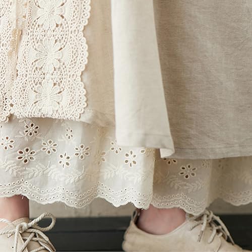 Giltpeak Women Renaissance Cotton Linen Layered Long Skirt, Hollow Embroidery Elastic High Waist Tiered Skirt2