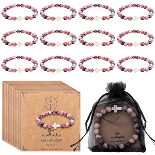 Quelay 12 Set Christian Gifts for Women Bible Verse Bracelet Baptism Religious Elastic Beads Bracelet with Card Mesh Bag Religious Inspirational Gift Jesus Faith for Mom Friend