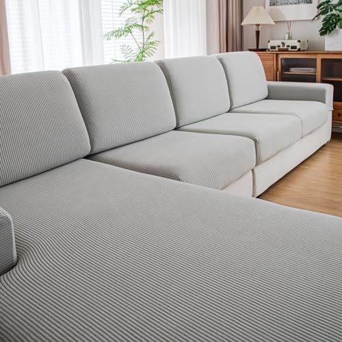 Couch Cushion Covers, Comfort Soft Magic Sofa Covers Washable Stretch Resistant Slipcovers for Sectional and L Shaped Seats Furniture Protectors for Pets (3 Seaters Covers, Light Gray)