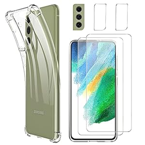 Mutoy Schutzfolie mit Samsung Galaxy S21 FE Hülle, 2 Schutzfolie + 2 Kamera Folie + 1 TPU Hülle, 9H HD Klar Displayschutz Blasenfrei, Weiche TPU Silikon Case Cover