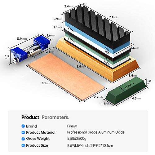 Knife Sharpening Stone Set, Finew Premium 4 Side Grit 400/1000 3000/8000 Water Stones, Non-slip Bamboo Base, Flatting Stone, Angle Guide, Leather Strop, Polishing Compound and Honing Guide - Thumbnail 7