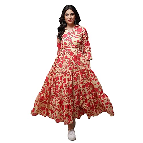Image of BIBA Women Casual Dress Maxi Cotton Tiered Printed Dress