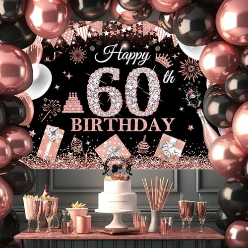 Image of Avezano Happy 60th Birthday Banner for Women Black and Rose Gold Glitter Balloon 60 Birthday Party Backdrop 60 Year Old Bday Photo Backdrop Party Supplies 70.8 x 43.3 Inch