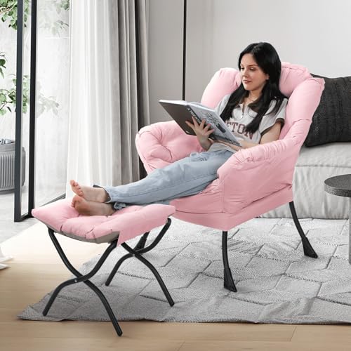 Athena Collection Lazy Lounge Chair with Ottoman, Modern Soft Reading Arm Chair for Adults, Comfy Sofa Armchair with Footrest and Side Pocket for Corner, Living Room, Bedroom, Small Space, Pink - Thumbnail 2