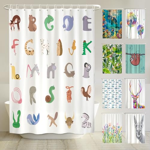 arteneur® - Alphabet ABC Anti-Schimmel Duschvorhang 180x200 cm - Recycelt mit Öko-Tex Standard 100 - Beschwerter Saum, Blickdicht, Wasserdicht, Waschbar, 12 Ringe & E-Book
