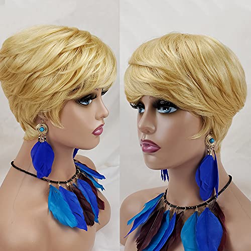 Kabadu Short Pixie Cut Wigs Bloned Color Hair Wigs Brazilian Pixie Wigs Short Straight Human Hair Wigs for Women Glueless Human Hair Wigs for Black Women (Blonde 613)