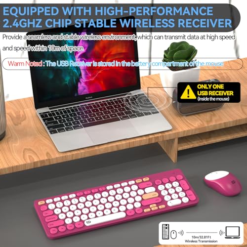 Image of FD Wireless Keyboards and Mouse Combo - 2.4GHz USB Cordless, Cute Wireless Keyboard Round Keys, Quiet and Slim Set for Laptop, Computer, TV and Mac - Strawberry White Colorful