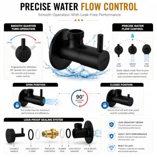 Image of ZAP Brass Angle Valve with Wall Flange - Pack of 6 | Matte Black Finish | Heavy Duty Angle Cock for Jet Spray, Shower, Geyser and Basin Tap | Rust Resistant Bathroom Fitting