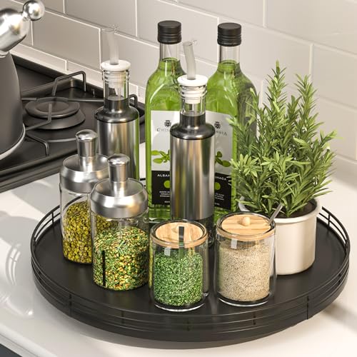 Image of 13 inch Oak Wood Lazy Susan Organizer, Lazy Susan for Cabinet Dining Table Pantry Wood Turntable Organizer Tray for Coffee Table Kitchen Countertop Salt Pepper Spice Organization and Storage Round Black