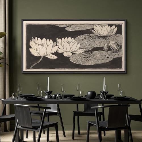 Image of MUDECOR Extra Large Framed Canvas Print Wall Art Vintage Lotus Flower Line Art Botanical Black and Beige Antique Retro Ready to Hang Painting for Living Room Bedroom Multi-Sizes - 60 inchx30 inch
