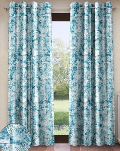 Image of Home Sizzler 2 Pieces Leaf Mist Grommet Eyelet Polyester Door Curtains - 7 Feet, Frosted Aqua