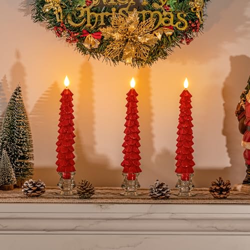 Image of Homemory 3 Pcs Christmas Tree Candles with Remote, Waxy Flameless Taper Candles Flickering, Red LED Candlesticks Battery Operated for New Year Celebration Holiday Decorations 9.7 Inches