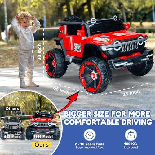 Image of Wishmaster Big Size 1166 Kids Jeep Ride On Car | Electric Battery Operated EV for 2-10 Year Boys & Girls | Remote Control + Steering + Mobile App | 4 Motor Drive, LED Lights, Bluetooth Music