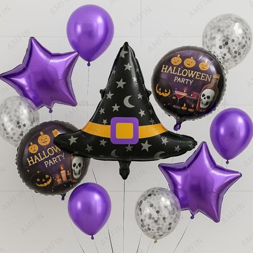 Image of AMFIN (Pack of 11) Halloween Balloon Decoration Set - Hat Foil Balloon, 2 inchHalloween Party inch Round Balloons, 2 Purple Star Balloons - Spooky Party Supplies for Kids & Adults