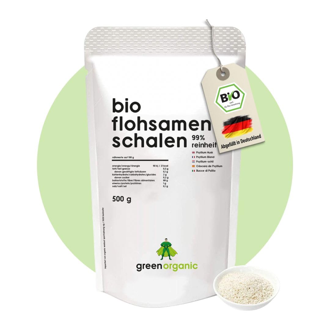 Bio Psyllium Husks 99% pureté, Qualité supérieure, faible teneur en glucides, sans gluten, vegan, riche en fibres, Superfood, Biologique, 500g sac
