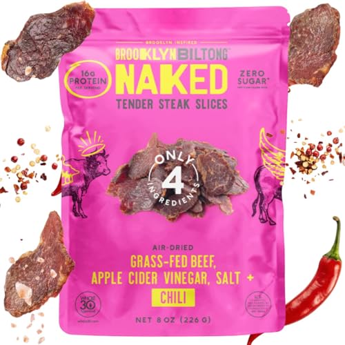 Brooklyn Biltong Air Dried Grass Fed Beef Snack, South African Beef Jerky (8 oz, Pack of 2) - Whole30 Approved, Paleo, Keto, Gluten Free, Sugar Free, Made in USA - (Naked Chili)