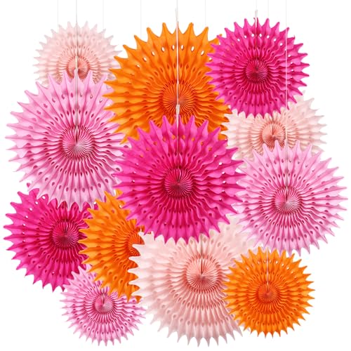 BestoFun - Lot de 12 éventails en papier - Orange - Pompons - Fleurs en papier de soie - Pêche -...