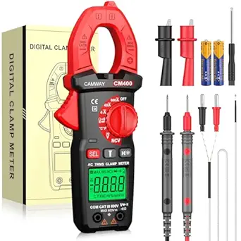CAMWAY Clamp Meter TRMS 4000 Counts 600A AC Current AC/DC Voltage NCV Non-Contact Voltage Continuity Resistance Diode Hz Test Clamp Multimeter with Test Leads Alligator Clips Screwdriver