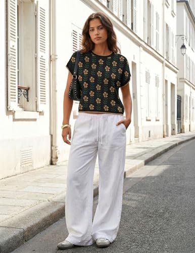 Image of ZESICA Women's Summer Trendy Knit Top 2026 Floral Print Short Sleeve Crewneck Loose Fit Sweater Vest Going Out Clothes
