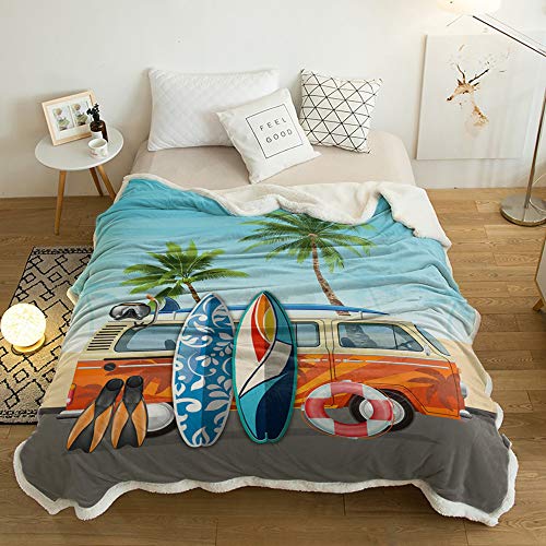 Summer Coastal Coconut Tree Surfboard Sherpa Flannel Throw Blankets Thick Reversible Plush Fleece Blanket for Bed Couch Sofa Decor Ocean Diving Theme,Ultra Soft Warm Fuzzy TV Blanket 40x50in