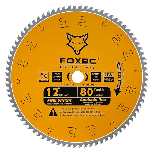 FOXBC 12 Inch Miter Saw Blade 80 Tooth Fine Finish Wood Crosscutting Saw Blade with 1 Inch Arbor