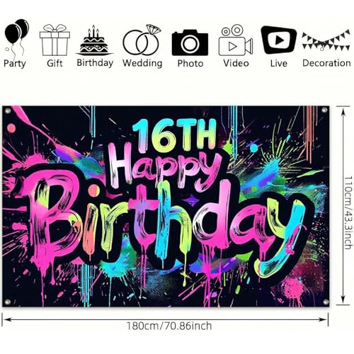 Image of HOMETITUTE Glow in The Dark 16th Birthday Banner 71x43 Inch Colorful Paint Splatter Backdrop for Teen Boys Girls Fourteenth Party Decorations Neon Wall Decor Celebration Photo Booth Props Supplies