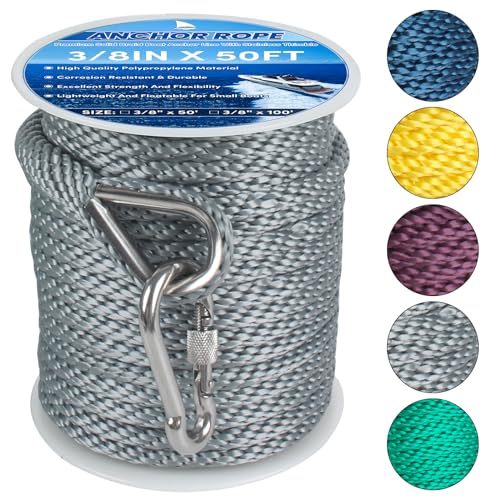 Anchor Rope 50FT x 3/8in,Premium Solid MFP Braided Boat Anchor Rope with Stainless Steel Thimble & Snap Hook,Ideal for Boating,Anchoring, Docking,Hanging,Sailing,Grey
