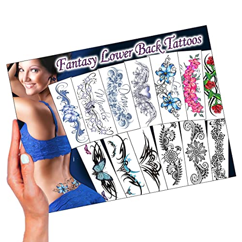 Temporary Tattoo Factory Fantasy Lower Back Tattoos -Long Lasting, Naughty Realistic Fake Adult Temporary Tattoos for Women's Hip, Lower Back, Thigh, Arm Tramp Stamp Beautiful Fantasy, Whimsical Design (13 Pack)