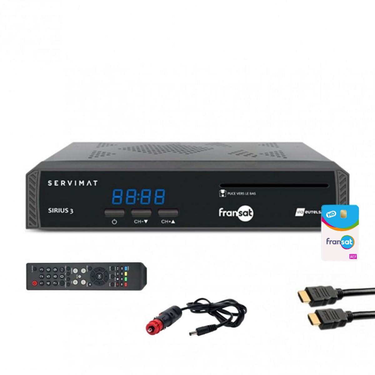 Pack SERVIMAT - Receptor de TV satélite HD + tarjeta Fransat PC7 + cable HDMI + cable 12 V