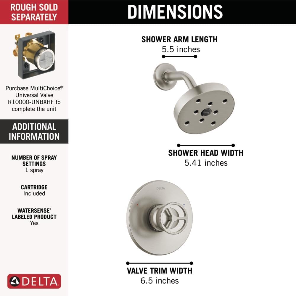 Delta Faucet Trinsic 14 Series Single Handle Brushed Nickel Shower Faucet with H2Okinetic Shower Head, Shower Faucet Set, Shower Trim Kit, Shower Fixtures, Stainless T14258-SS (Valve Not Included)
