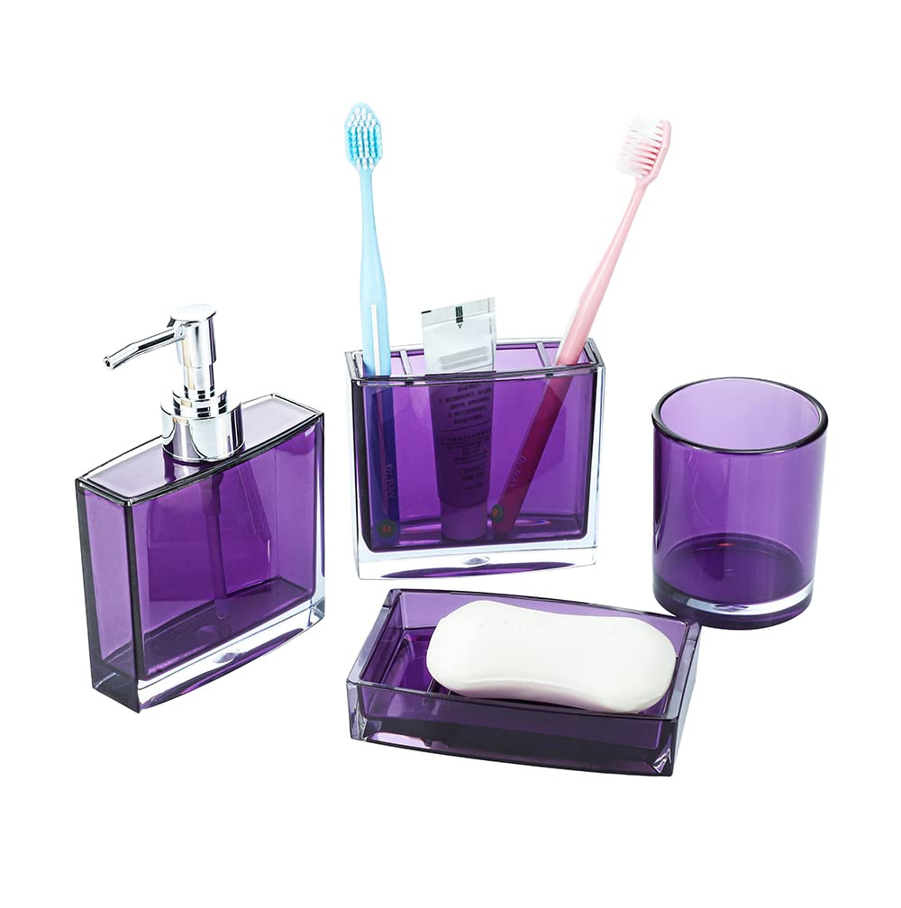 Juego de 4 accesorios de baño morados, incluye dispensador de jabón, soporte para cepillo de dientes, jabonera y vaso